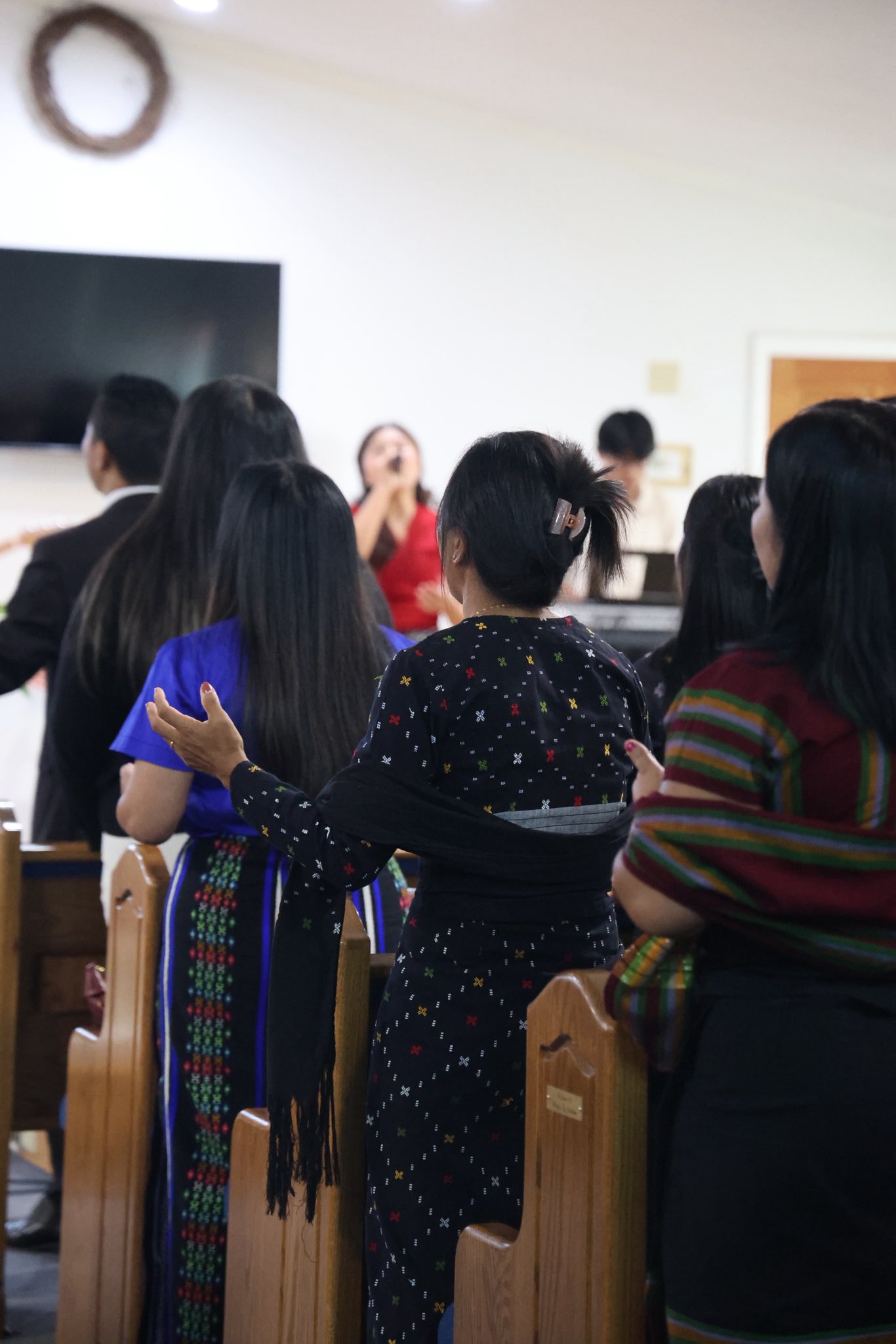 The congregation of Immanuel Lai Baptist Church gathered in worship in traditional Chin dress